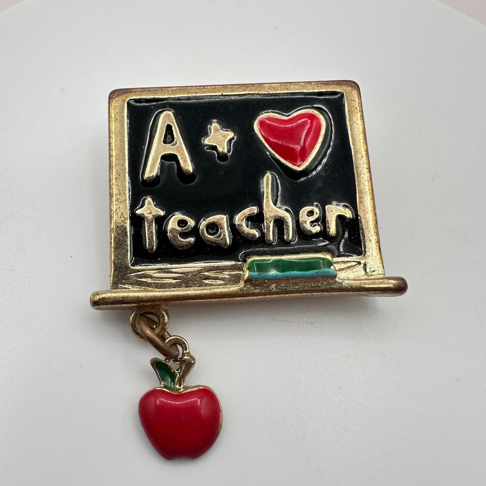 Vintage 90s A+ Blackboard Brooch Pin Gold Tone Red Apple Dangle Enamel